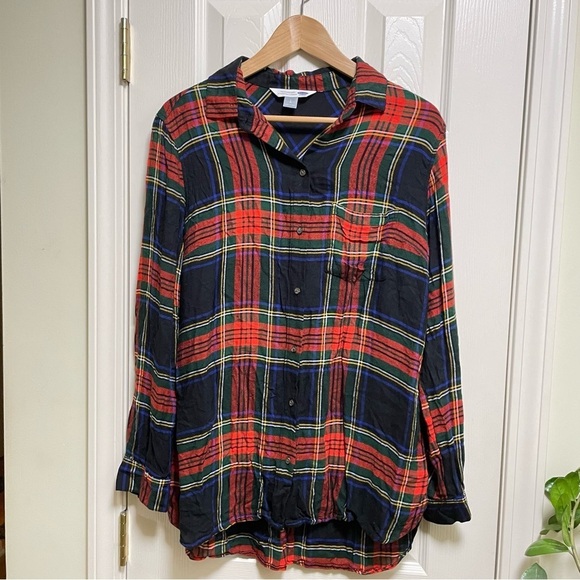 Old Navy Plaid Tartan The classic button down top 100% rayon L - Picture 1 of 6